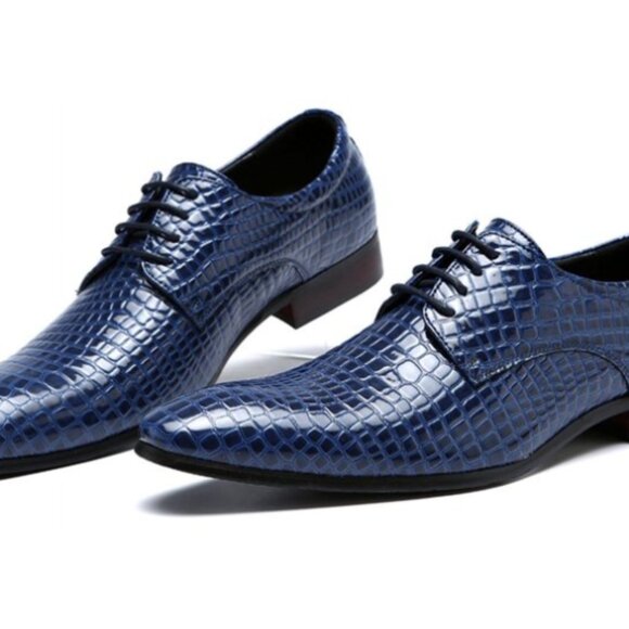 Santimon Men's US 8, 10 Blue Alligator Pattern Pointed Toe Lace Up Derby Shoes - Picture 7 of 11